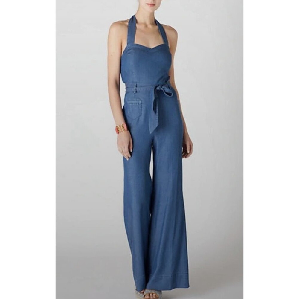 Anthropologie Elevenses Linen Blend Wide Leg Halter Jumpsuit Blue Sz 10 Coastal